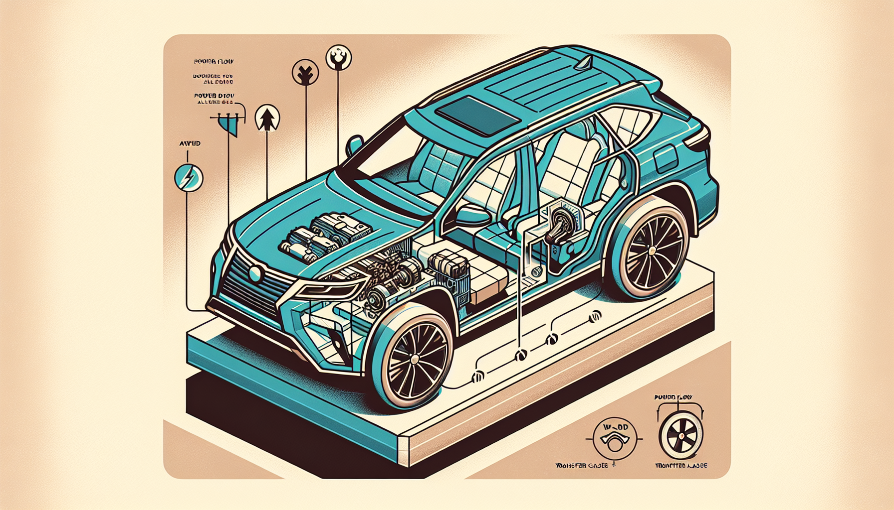 Overhead illustration showing AWD power distribution in blue on the left and 4WD transfer case system in clay on the right of a modern SUV